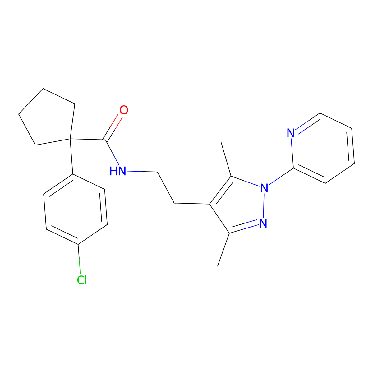 1-(4-chlorophenyl)-N-(2-(3,5-dimethyl-1-(pyridin-2-yl)-1H-pyrazol-4-yl)ethyl)cyclopentanecarboxamide molecular structure, CAS 2034487-08-4