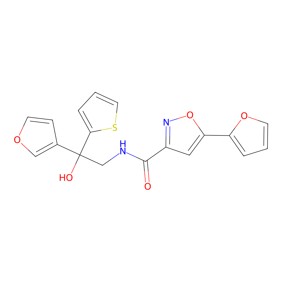5-(furan-2-yl)-N-(2-(furan-3-yl)-2-hydroxy-2-(thiophen-2-yl)ethyl)isoxazole-3-carboxamide molecular structure, CAS 2034487-27-7