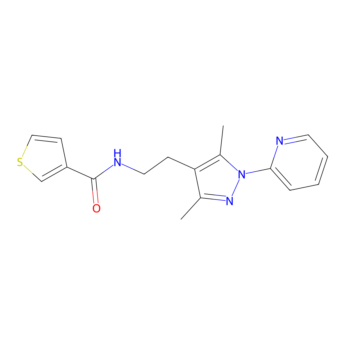 N-(2-(3,5-dimethyl-1-(pyridin-2-yl)-1H-pyrazol-4-yl)ethyl)thiophene-3-carboxamide molecular structure, CAS 2034487-31-3