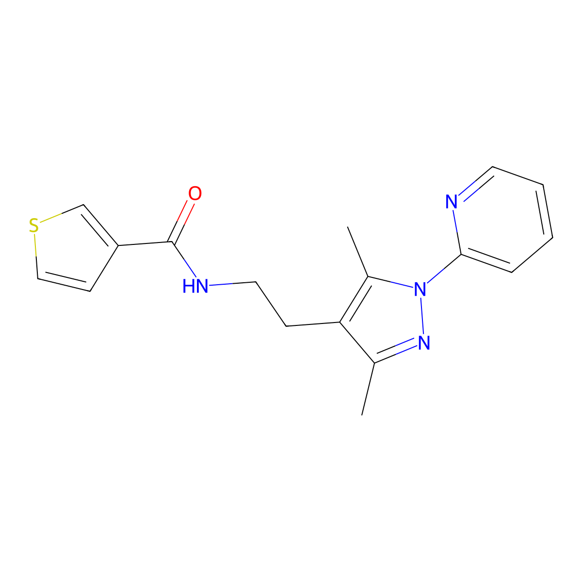 N-(2-(3,5-dimethyl-1-(pyridin-2-yl)-1H-pyrazol-4-yl)ethyl)thiophene-3-carboxamide molecular structure, CAS 2034487-31-3