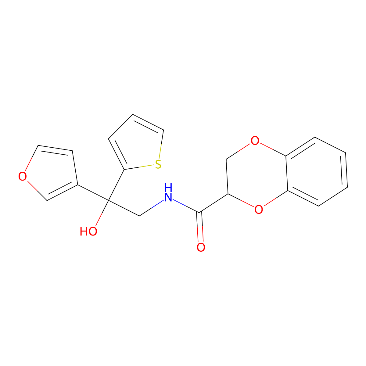 N-(2-(furan-3-yl)-2-hydroxy-2-(thiophen-2-yl)ethyl)-2,3-dihydrobenzo[b][1,4]dioxine-2-carboxamide molecular structure, CAS 2034487-35-7