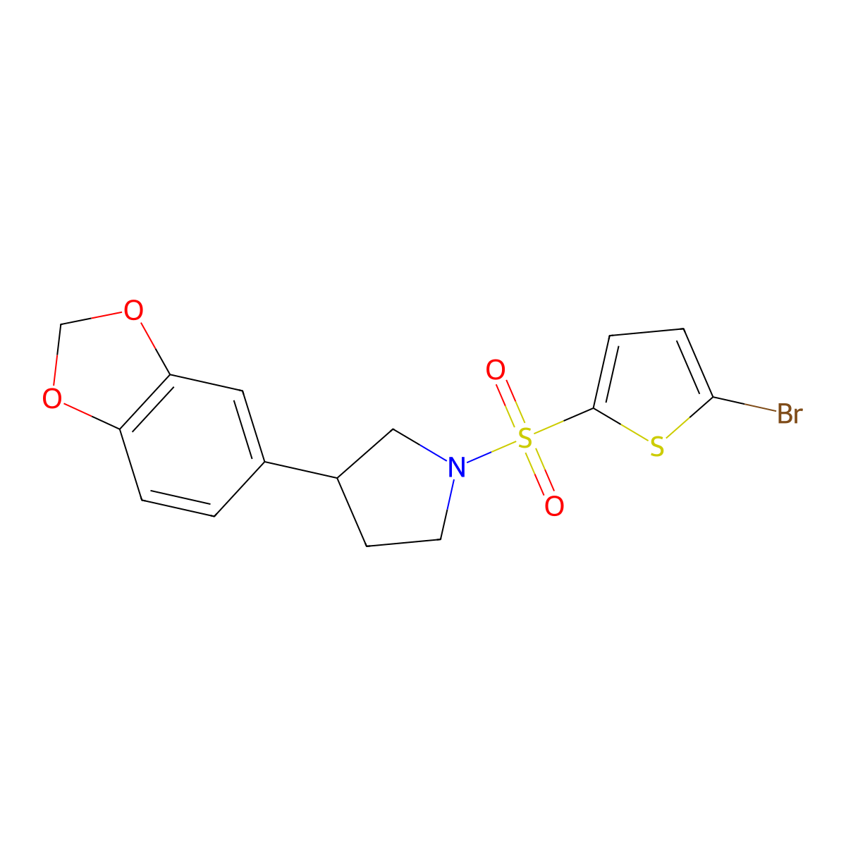 3-(Benzo[d][1,3]dioxol-5-yl)-1-((5-bromothiophen-2-yl)sulfonyl)pyrrolidine molecular structure, CAS 2034488-21-4