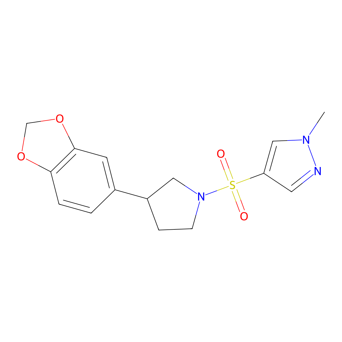 4-((3-(benzo[d][1,3]dioxol-5-yl)pyrrolidin-1-yl)sulfonyl)-1-methyl-1H-pyrazole molecular structure, CAS 2034488-43-0