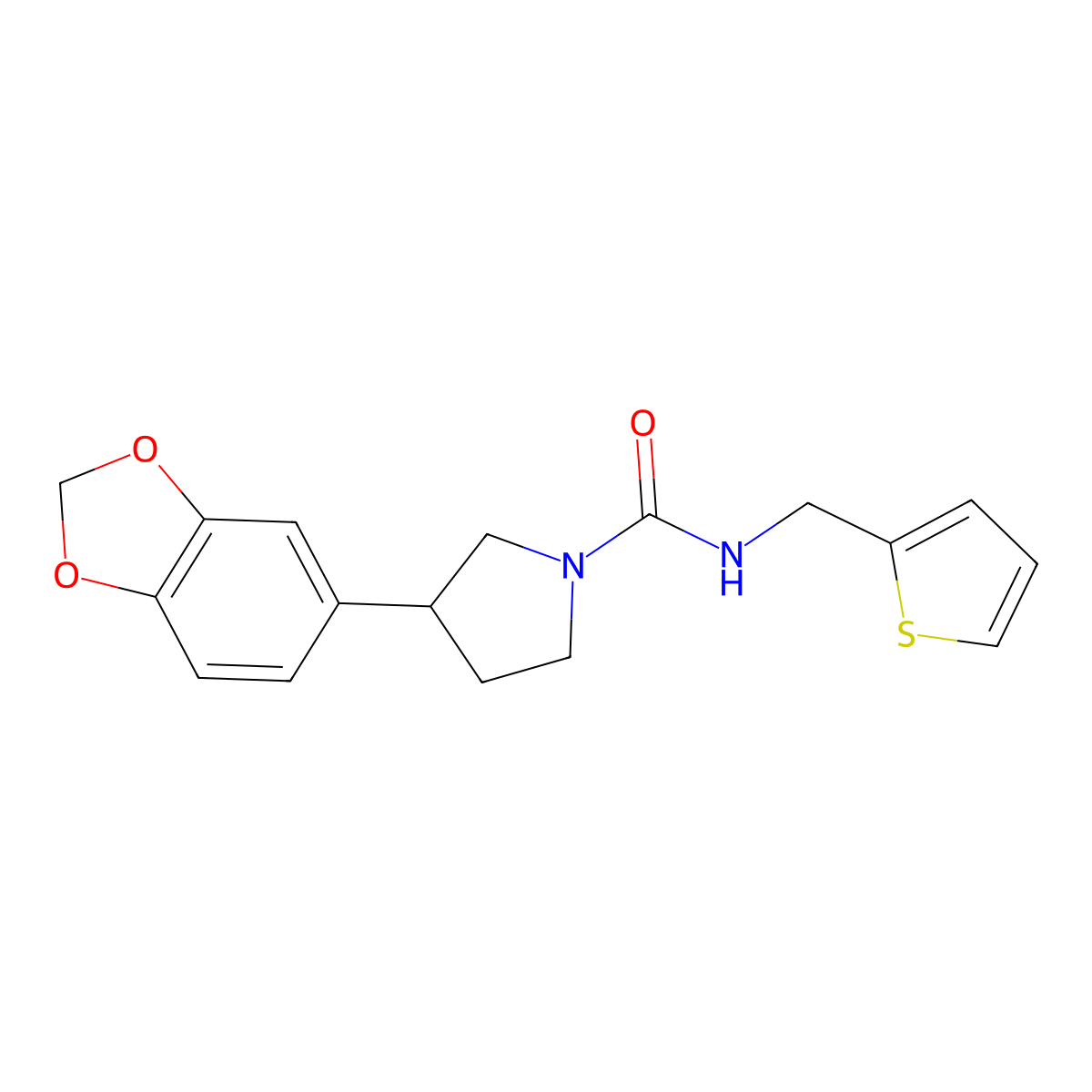 3-(benzo[d][1,3]dioxol-5-yl)-N-(thiophen-2-ylmethyl)pyrrolidine-1-carboxamide molecular structure, CAS 2034488-51-0