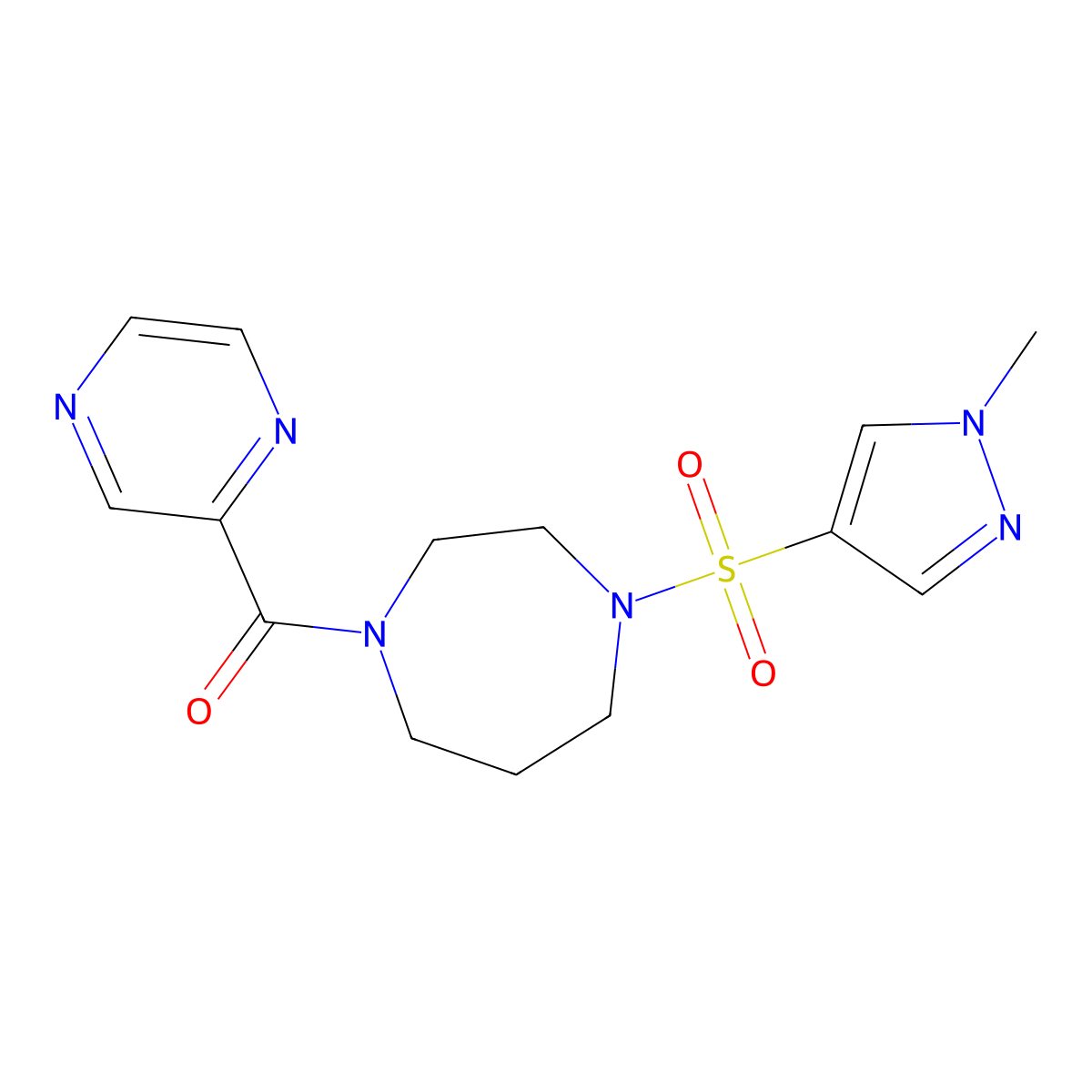 (4-((1-methyl-1H-pyrazol-4-yl)sulfonyl)-1,4-diazepan-1-yl)(pyrazin-2-yl)methanone molecular structure, CAS 2034488-64-5