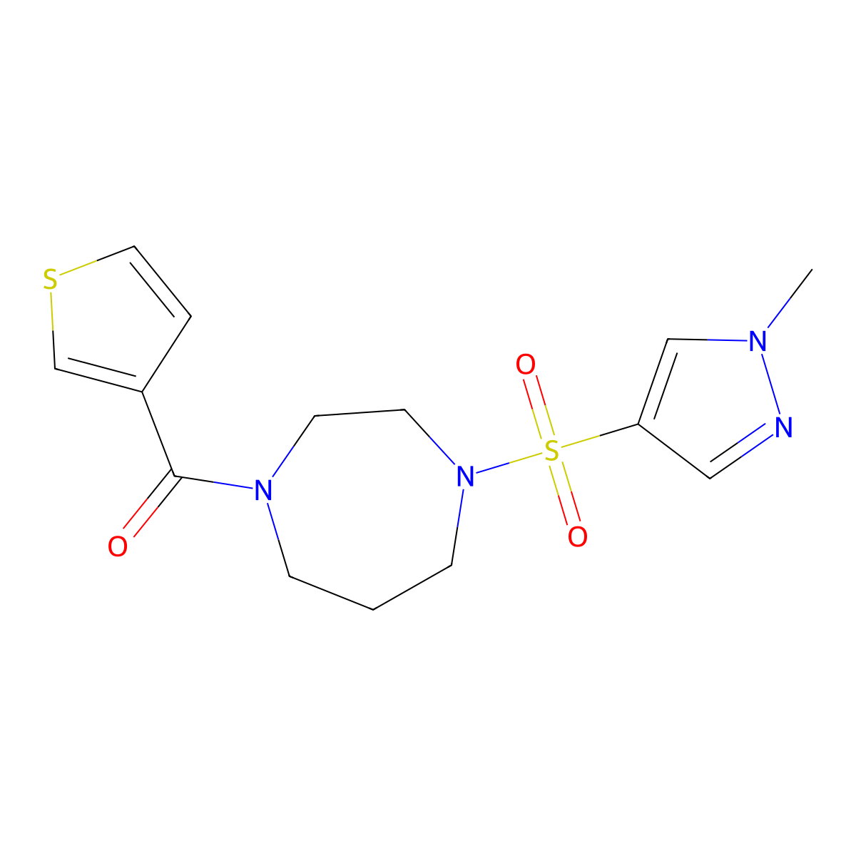 (4-((1-methyl-1H-pyrazol-4-yl)sulfonyl)-1,4-diazepan-1-yl)(thiophen-3-yl)methanone molecular structure, CAS 2034488-70-3