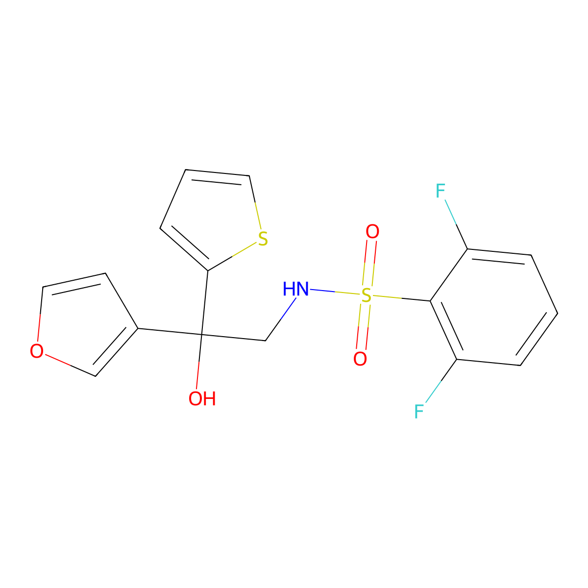 2,6-difluoro-N-(2-(furan-3-yl)-2-hydroxy-2-(thiophen-2-yl)ethyl)benzenesulfonamide molecular structure, CAS 2034488-74-7