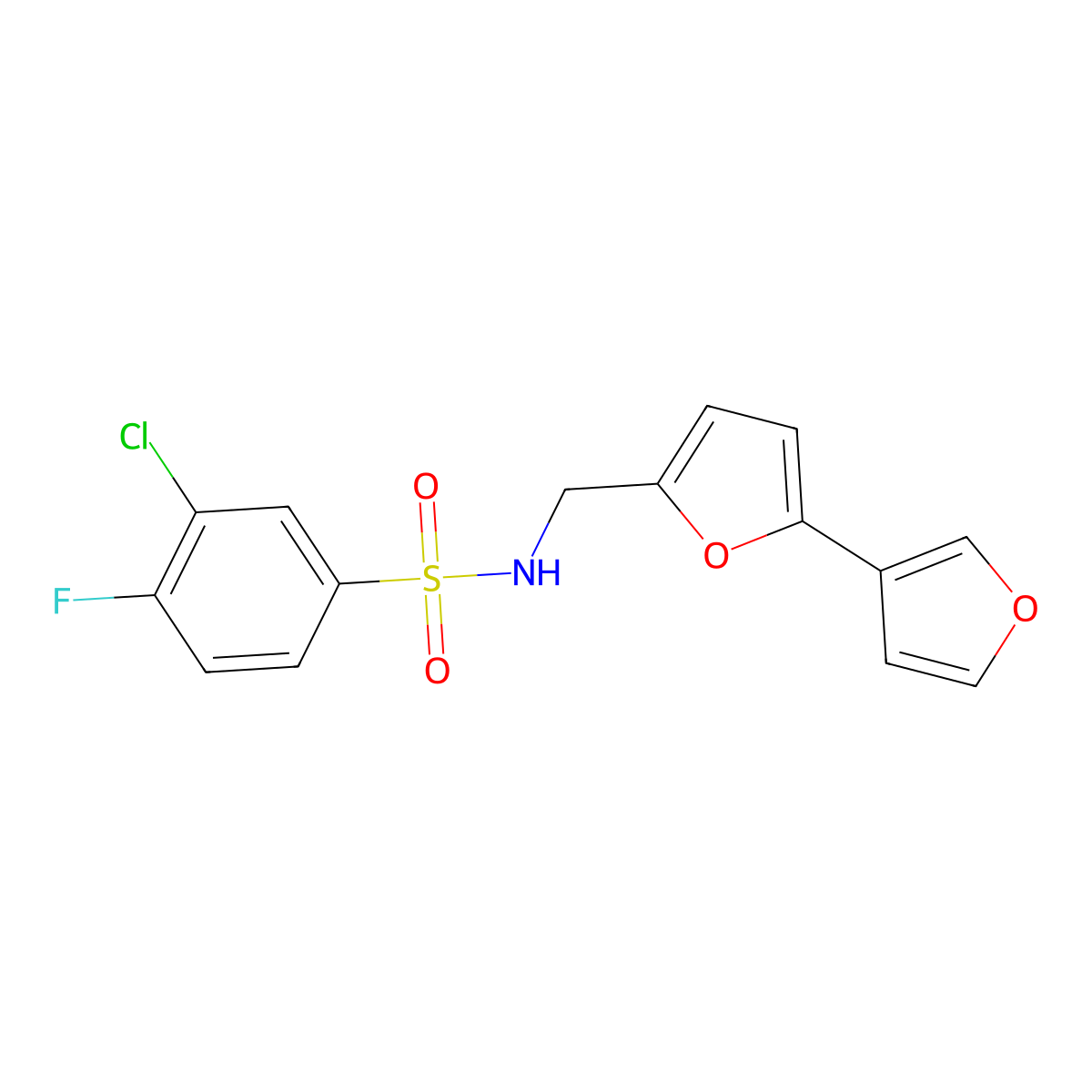 N-([2,3'-bifuran]-5-ylmethyl)-3-chloro-4-fluorobenzenesulfonamide molecular structure, CAS 2034488-82-7