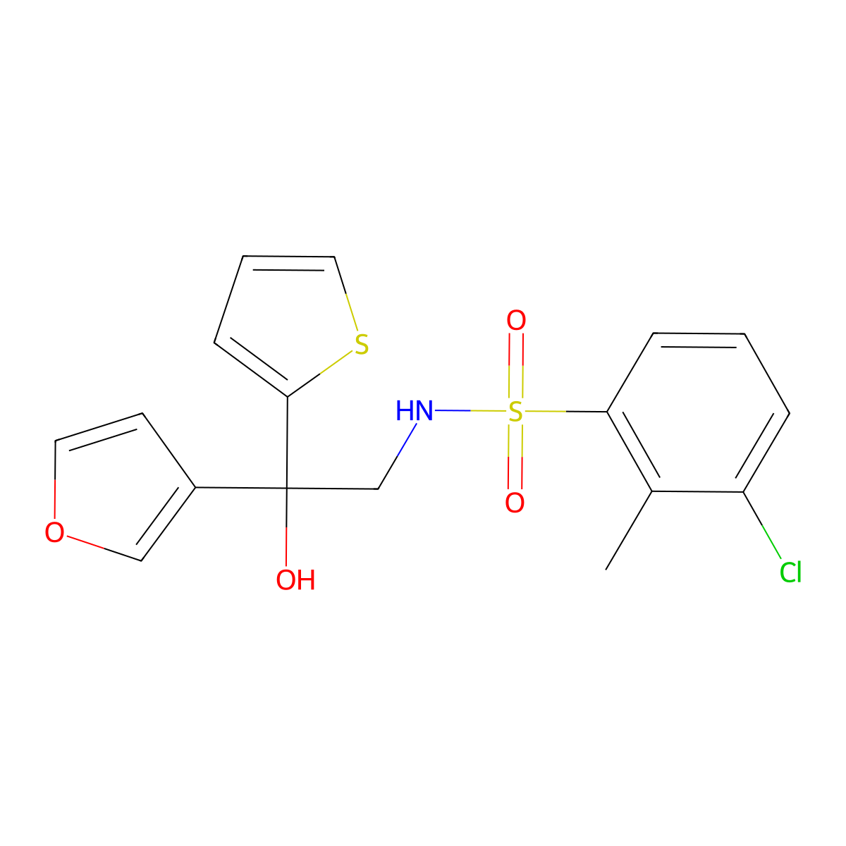 3-chloro-N-(2-(furan-3-yl)-2-hydroxy-2-(thiophen-2-yl)ethyl)-2-methylbenzenesulfonamide molecular structure, CAS 2034488-83-8