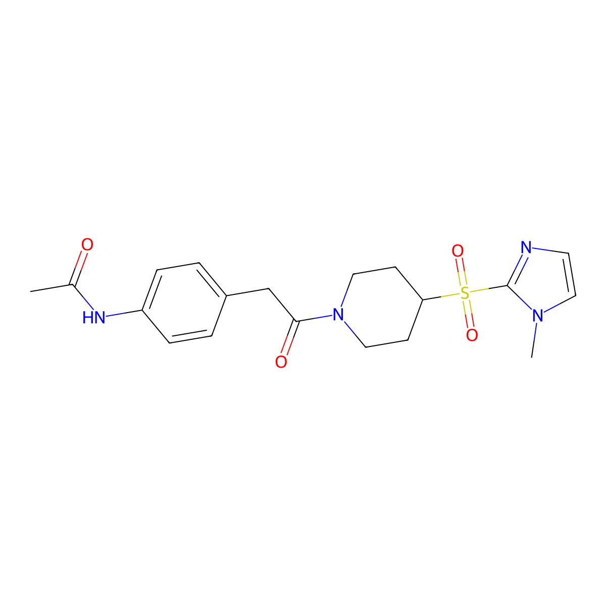 N-[4-(2-{4-[(1-methyl-1H-imidazol-2-yl)sulfonyl]piperidin-1-yl}-2-oxoethyl)phenyl]acetamide molecular structure, CAS 2034489-28-4