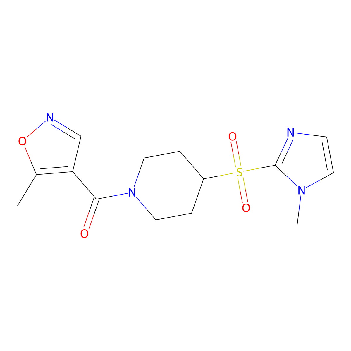 (4-((1-methyl-1H-imidazol-2-yl)sulfonyl)piperidin-1-yl)(5-methylisoxazol-4-yl)methanone molecular structure, CAS 2034489-36-4