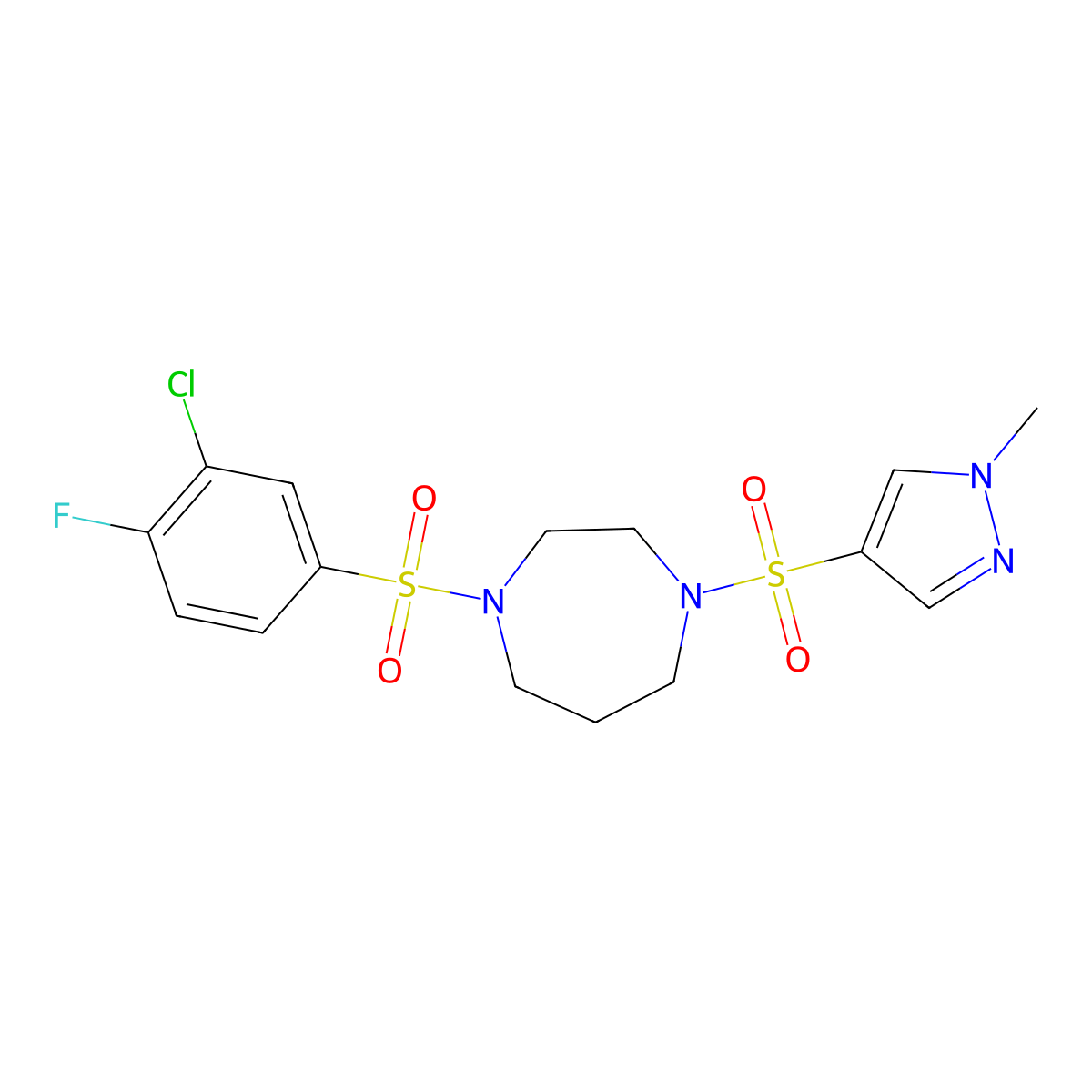 1-((3-chloro-4-fluorophenyl)sulfonyl)-4-((1-methyl-1H-pyrazol-4-yl)sulfonyl)-1,4-diazepane molecular structure, CAS 2034489-37-5