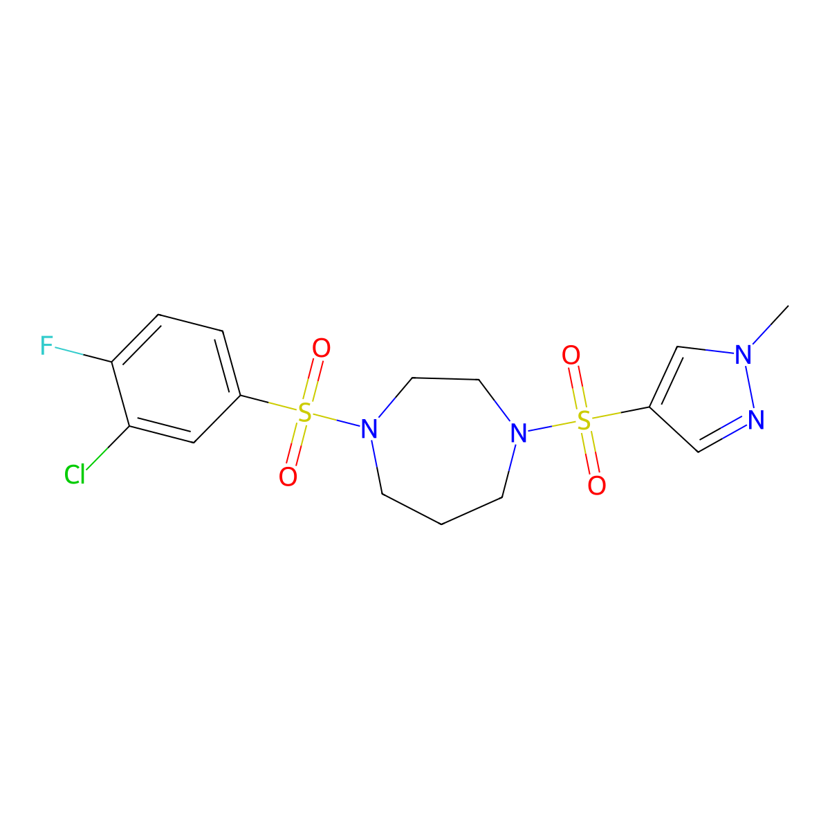 1-((3-chloro-4-fluorophenyl)sulfonyl)-4-((1-methyl-1H-pyrazol-4-yl)sulfonyl)-1,4-diazepane molecular structure, CAS 2034489-37-5
