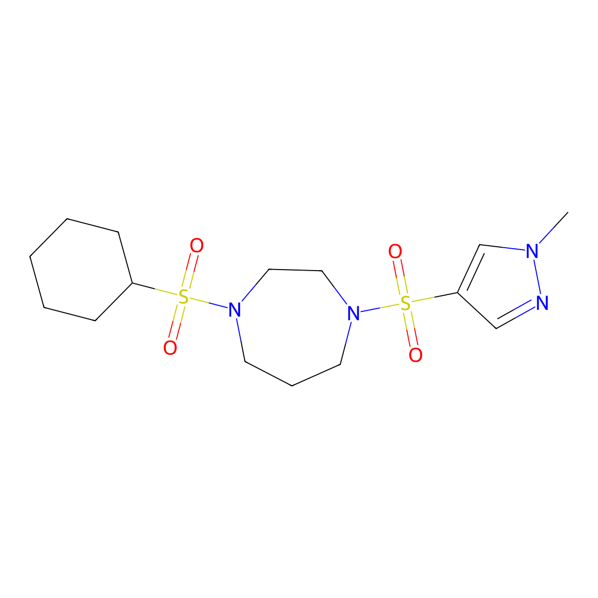 1-(cyclohexylsulfonyl)-4-((1-methyl-1H-pyrazol-4-yl)sulfonyl)-1,4-diazepane molecular structure, CAS 2034489-49-9