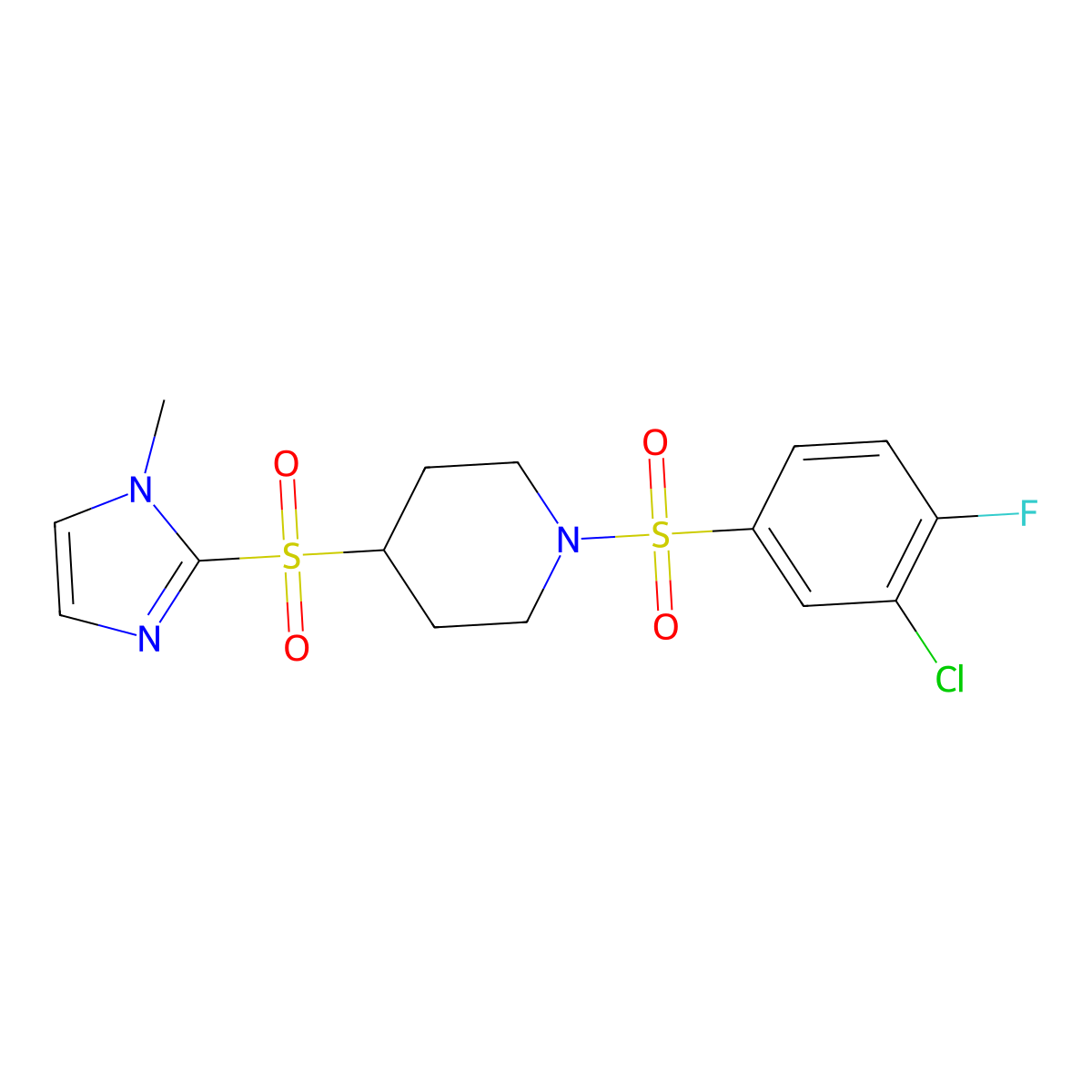 1-((3-chloro-4-fluorophenyl)sulfonyl)-4-((1-methyl-1H-imidazol-2-yl)sulfonyl)piperidine molecular structure, CAS 2034489-50-2
