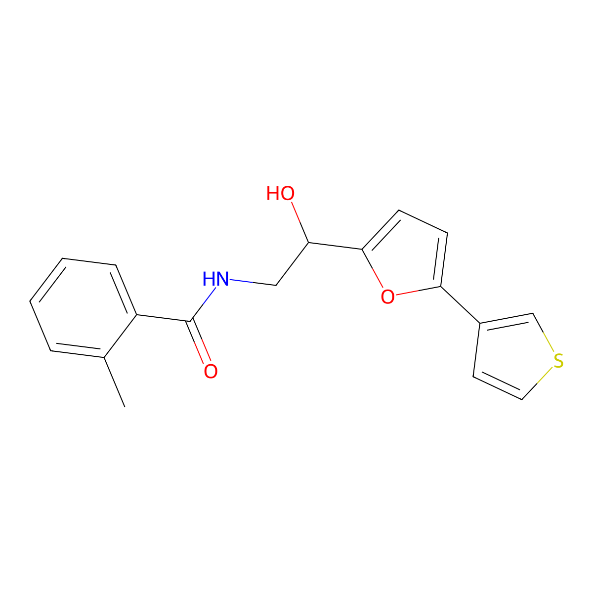N-(2-hydroxy-2-(5-(thiophen-3-yl)furan-2-yl)ethyl)-2-methylbenzamide molecular structure, CAS 2034489-70-6