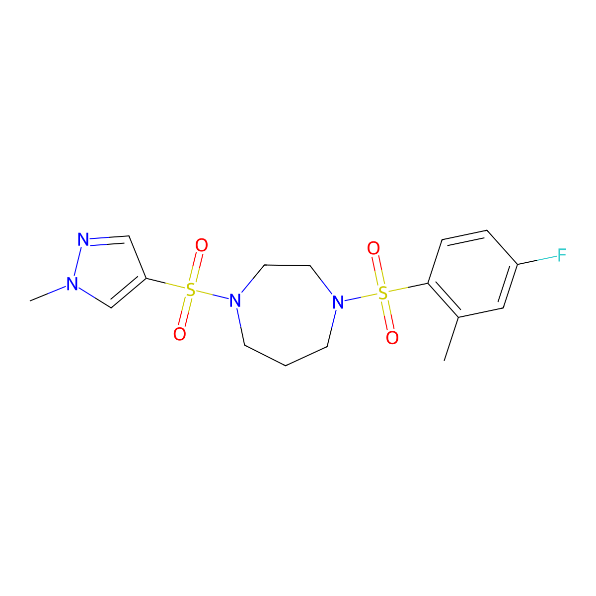 1-((4-fluoro-2-methylphenyl)sulfonyl)-4-((1-methyl-1H-pyrazol-4-yl)sulfonyl)-1,4-diazepane molecular structure, CAS 2034489-79-5