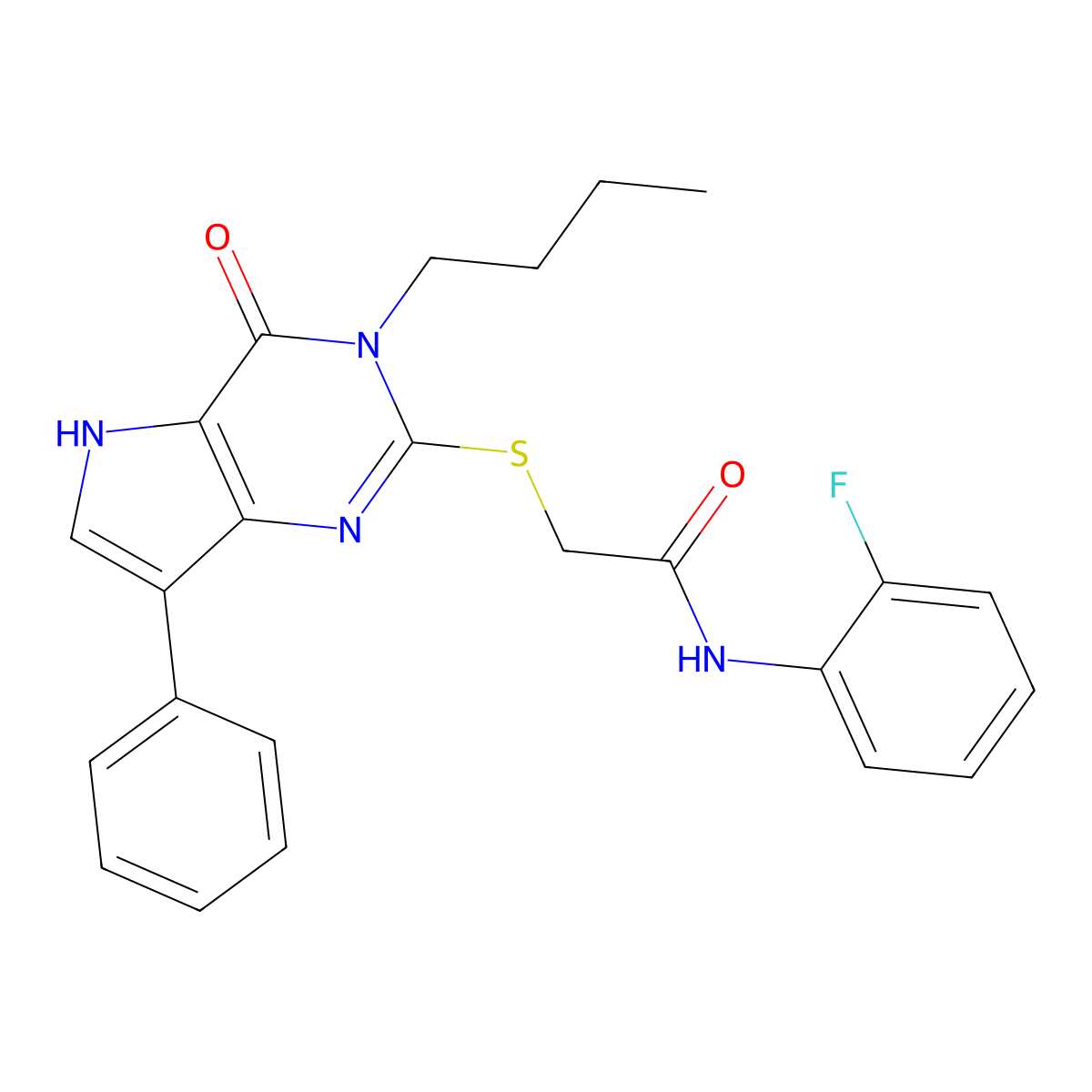 2-((3-butyl-4-oxo-7-phenyl-4,5-dihydro-3H-pyrrolo[3,2-d]pyrimidin-2-yl)thio)-N-(2-fluorophenyl)acetamide molecular structure, CAS 2034489-87-5