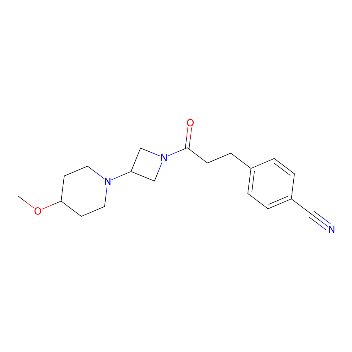 4-(3-(3-(4-Methoxypiperidin-1-yl)azetidin-1-yl)-3-oxopropyl)benzonitrile molecular structure, CAS 2034489-97-7