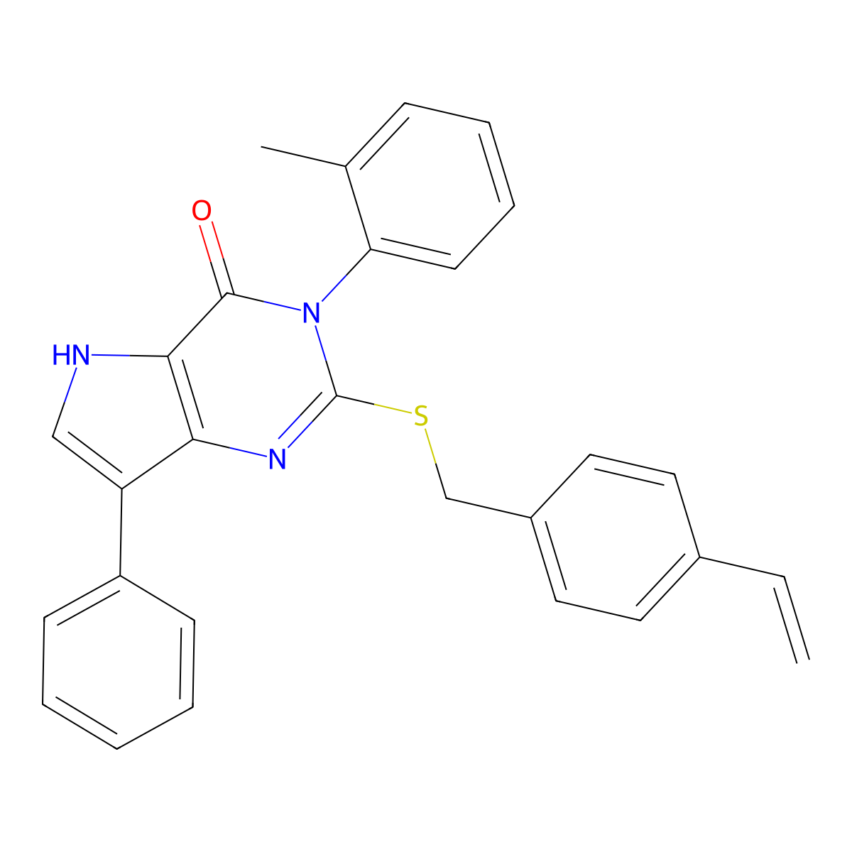 7-phenyl-3-(o-tolyl)-2-((4-vinylbenzyl)thio)-3H-pyrrolo[3,2-d]pyrimidin-4(5H)-one molecular structure, CAS 2034490-13-4