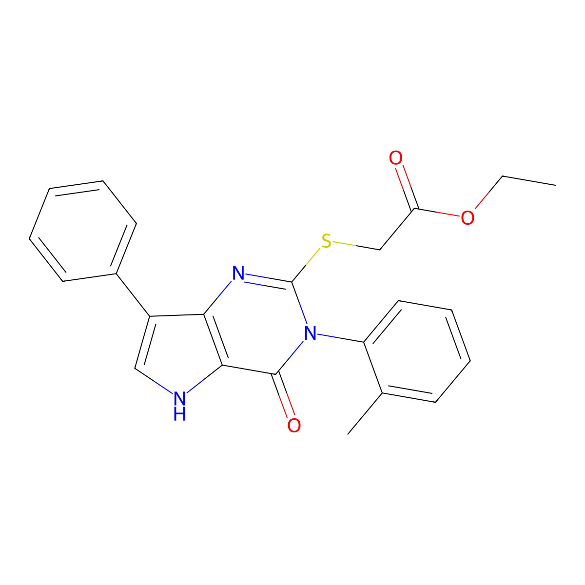 ethyl 2-((4-oxo-7-phenyl-3-(o-tolyl)-4,5-dihydro-3H-pyrrolo[3,2-d]pyrimidin-2-yl)thio)acetate molecular structure, CAS 2034490-20-3