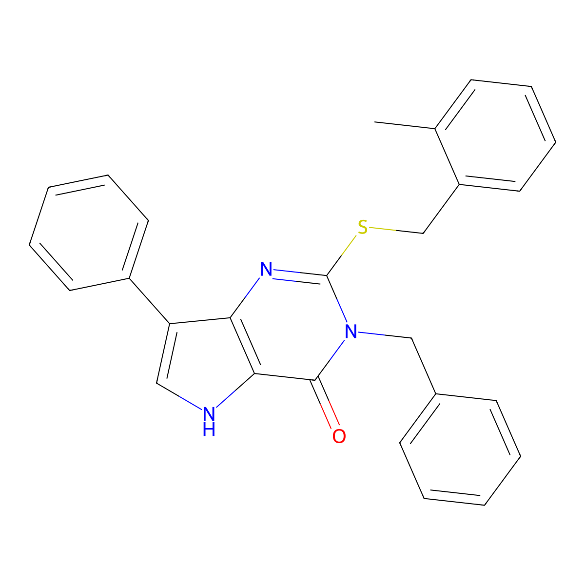 3-benzyl-2-((2-methylbenzyl)thio)-7-phenyl-3H-pyrrolo[3,2-d]pyrimidin-4(5H)-one molecular structure, CAS 2034490-26-9