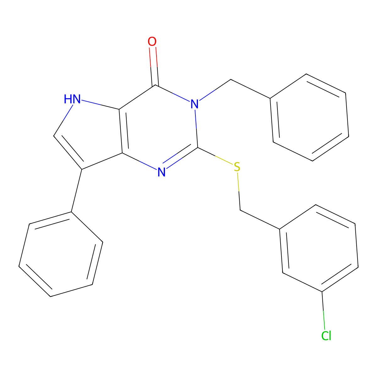 3-benzyl-2-((3-chlorobenzyl)thio)-7-phenyl-3H-pyrrolo[3,2-d]pyrimidin-4(5H)-one molecular structure, CAS 2034490-34-9