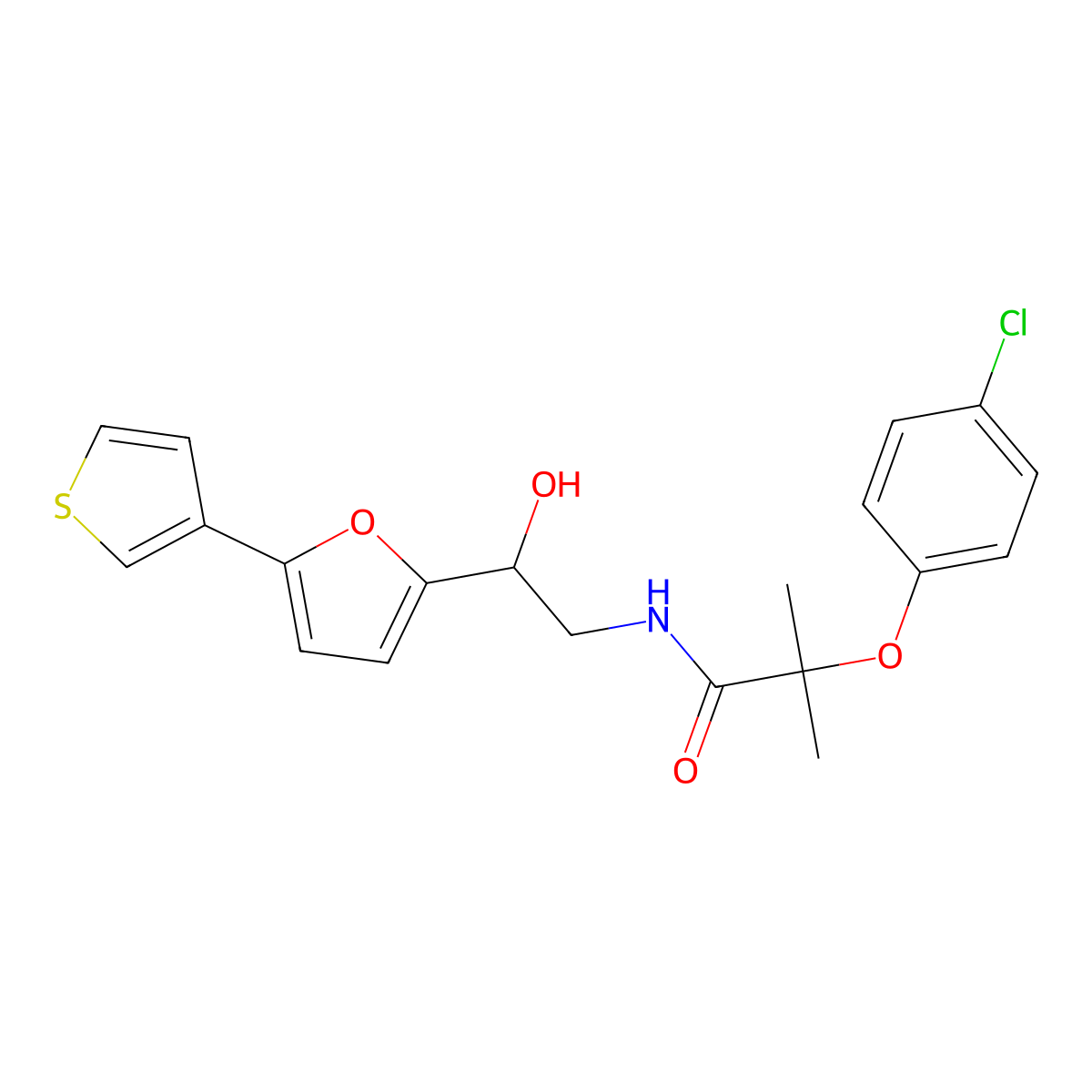 2-(4-chlorophenoxy)-N-{2-hydroxy-2-[5-(thiophen-3-yl)furan-2-yl]ethyl}-2-methylpropanamide molecular structure, CAS 2034490-35-0