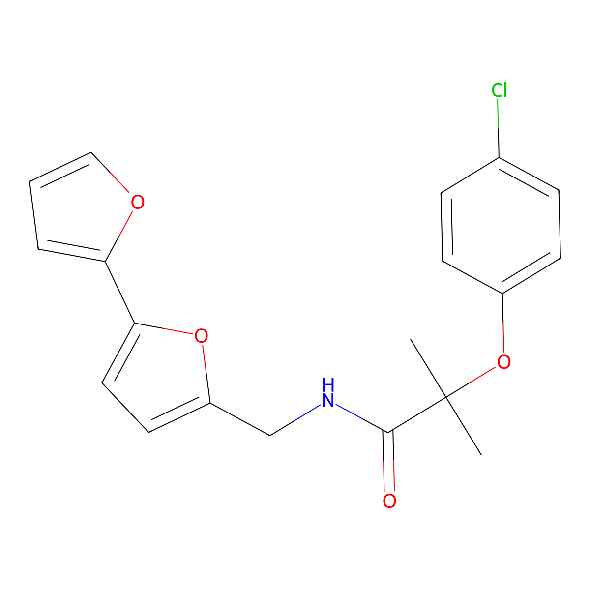N-([2,2'-bifuran]-5-ylmethyl)-2-(4-chlorophenoxy)-2-methylpropanamide molecular structure, CAS 2034490-41-8