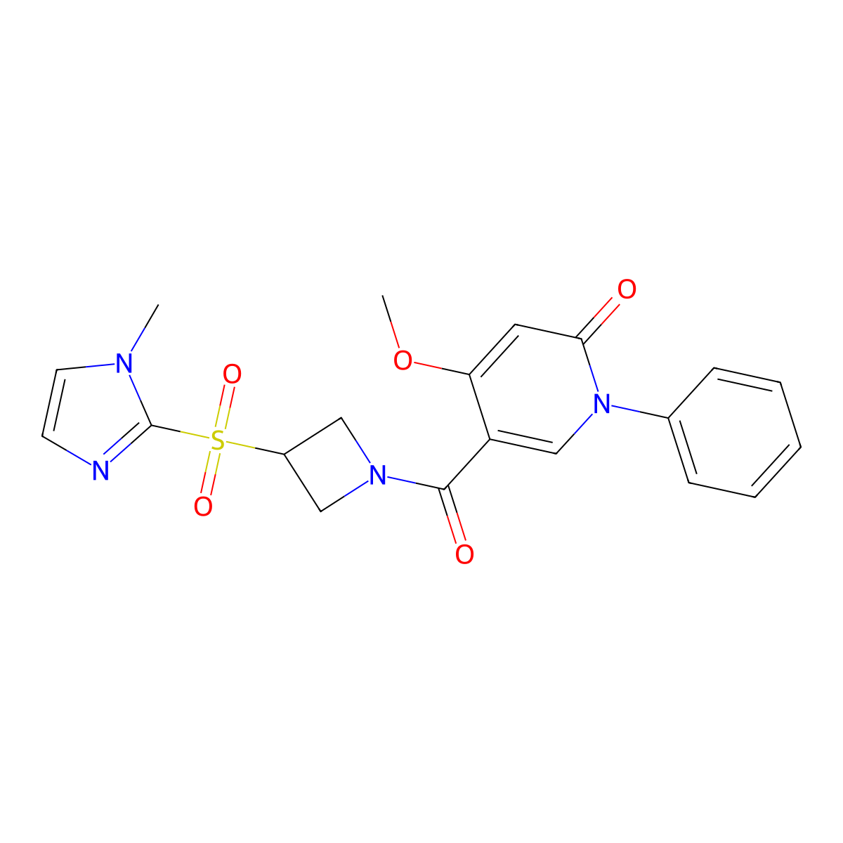 4-methoxy-5-(3-((1-methyl-1H-imidazol-2-yl)sulfonyl)azetidine-1-carbonyl)-1-phenylpyridin-2(1H)-one molecular structure, CAS 2034490-43-0