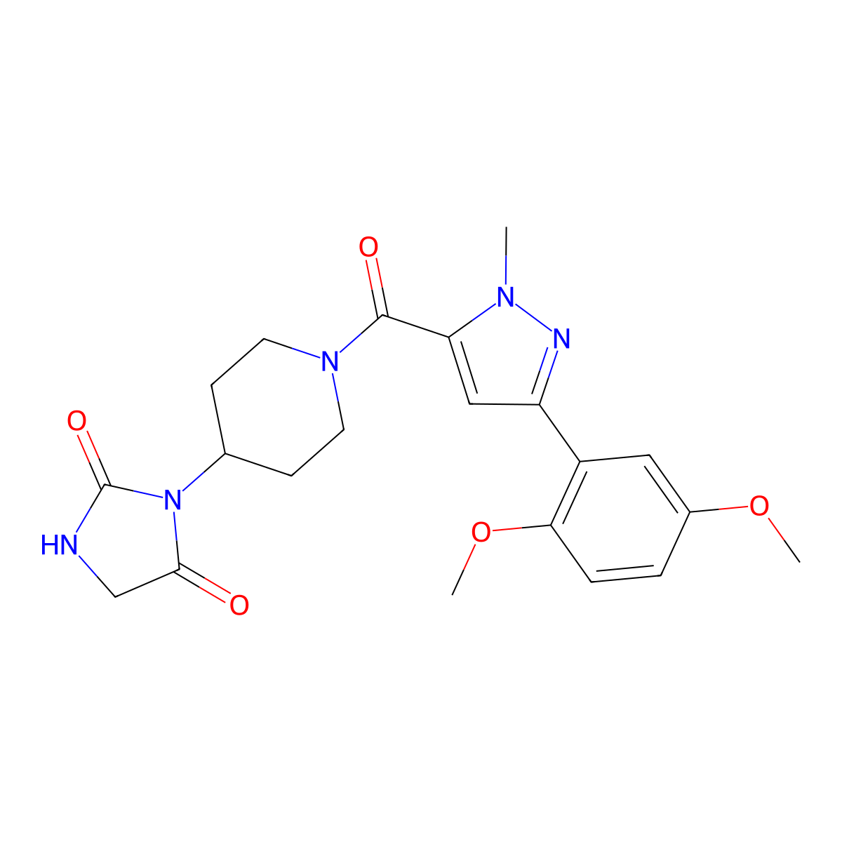 3-{1-[3-(2,5-dimethoxyphenyl)-1-methyl-1H-pyrazole-5-carbonyl]piperidin-4-yl}imidazolidine-2,4-dione molecular structure, CAS 2034490-59-8