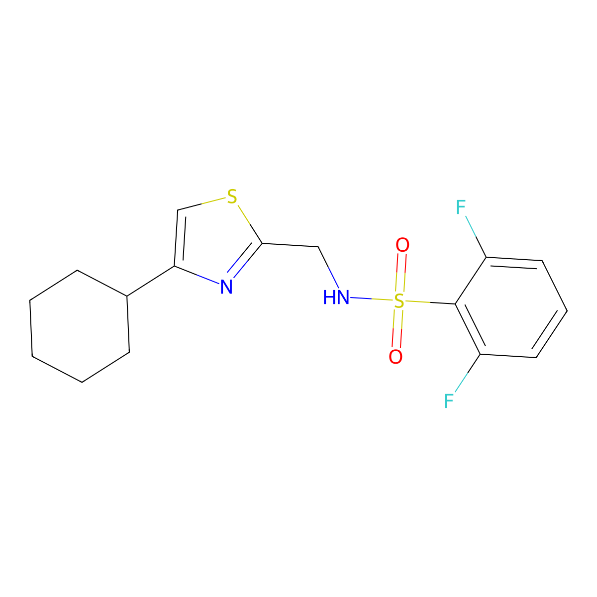 N-((4-cyclohexylthiazol-2-yl)methyl)-2,6-difluorobenzenesulfonamide molecular structure, CAS 2034490-68-9