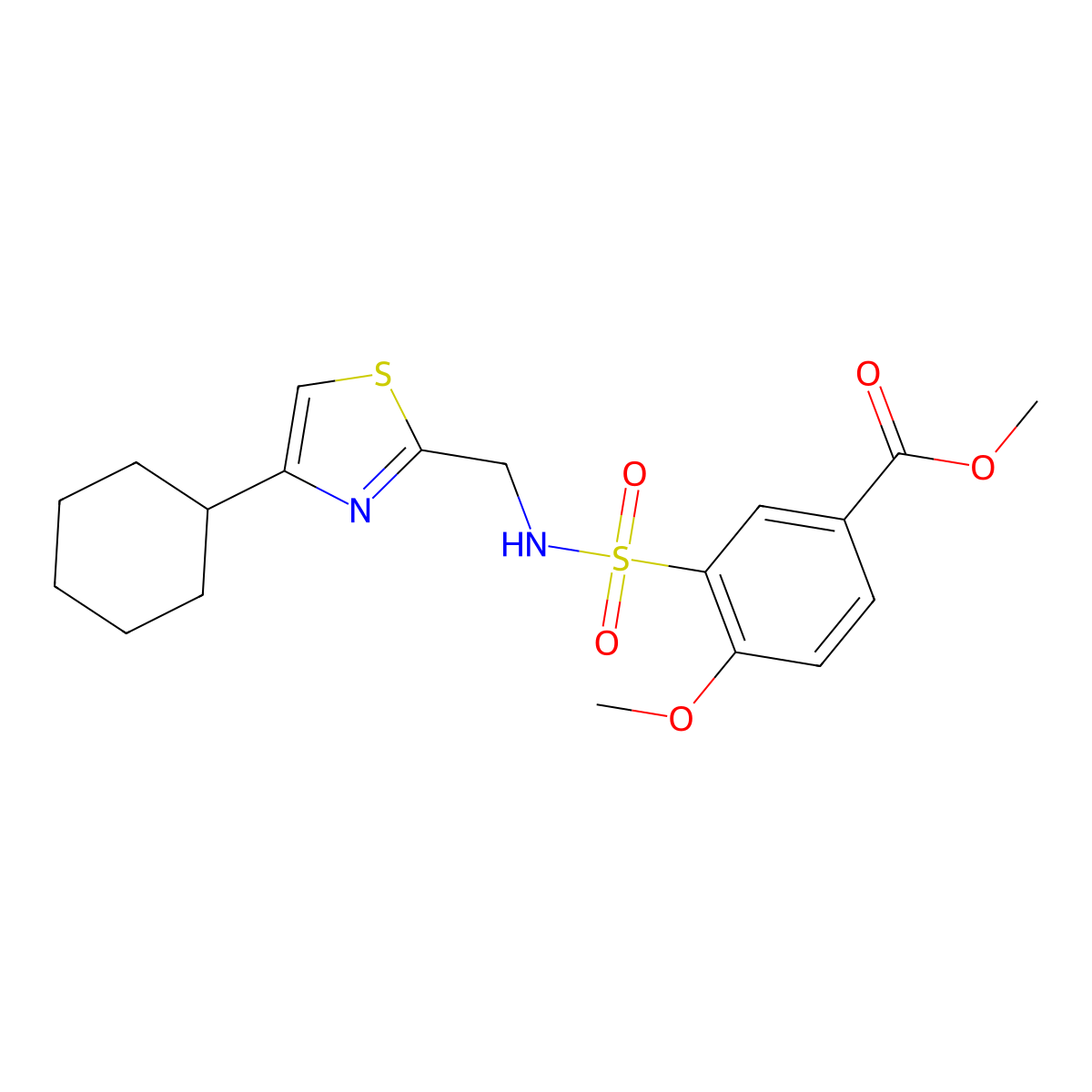 methyl 3-(N-((4-cyclohexylthiazol-2-yl)methyl)sulfamoyl)-4-methoxybenzoate molecular structure, CAS 2034490-87-2