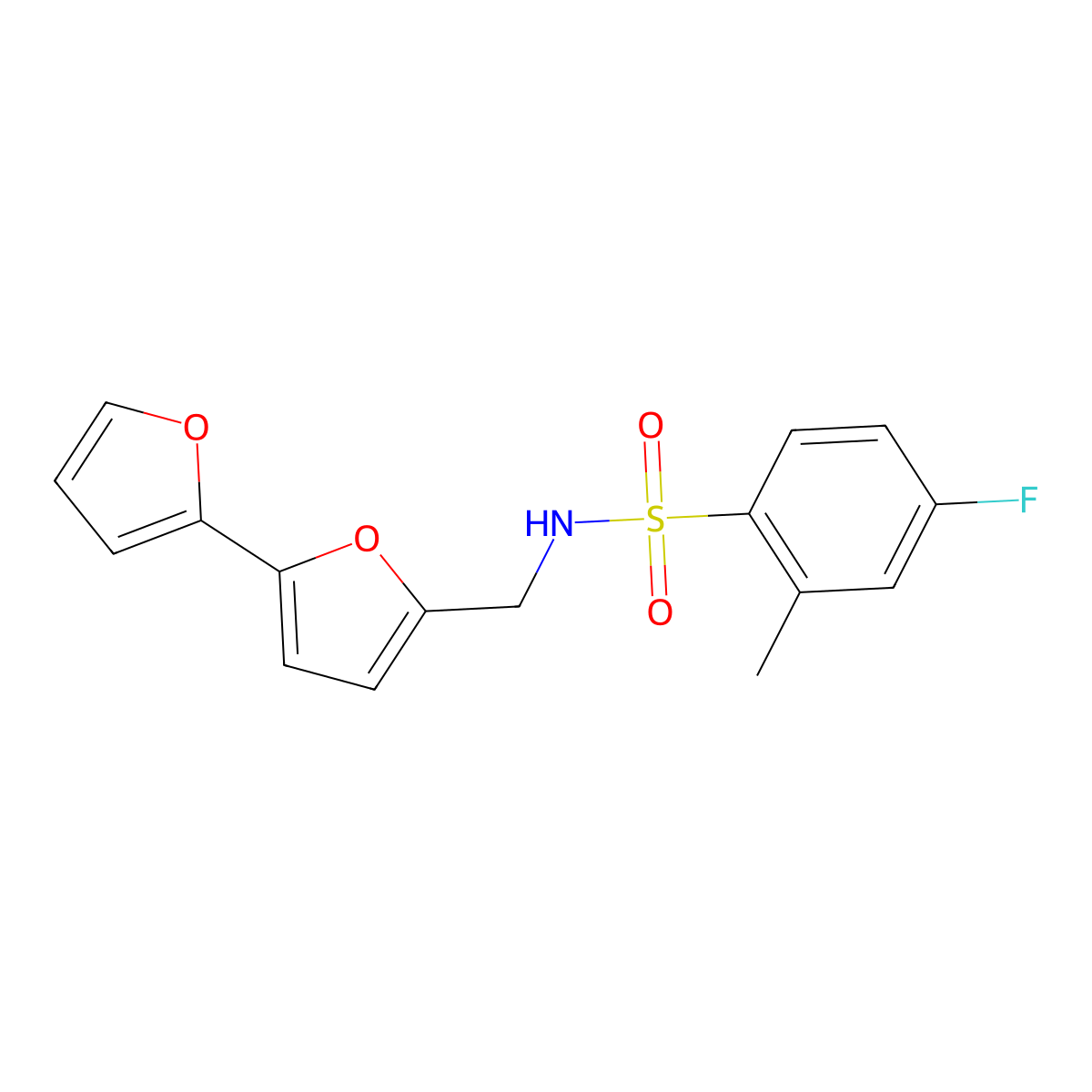 N-({[2,2'-bifuran]-5-yl}methyl)-4-fluoro-2-methylbenzene-1-sulfonamide molecular structure, CAS 2034490-89-4