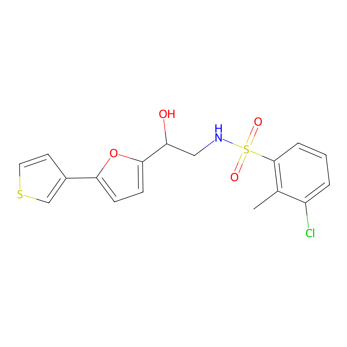 3-chloro-N-(2-hydroxy-2-(5-(thiophen-3-yl)furan-2-yl)ethyl)-2-methylbenzenesulfonamide molecular structure, CAS 2034490-93-0