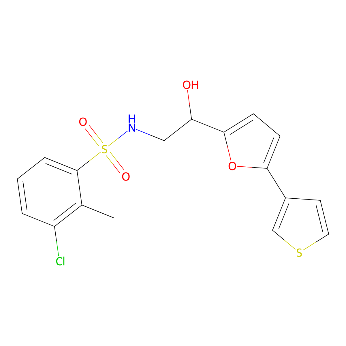 3-chloro-N-(2-hydroxy-2-(5-(thiophen-3-yl)furan-2-yl)ethyl)-2-methylbenzenesulfonamide molecular structure, CAS 2034490-93-0