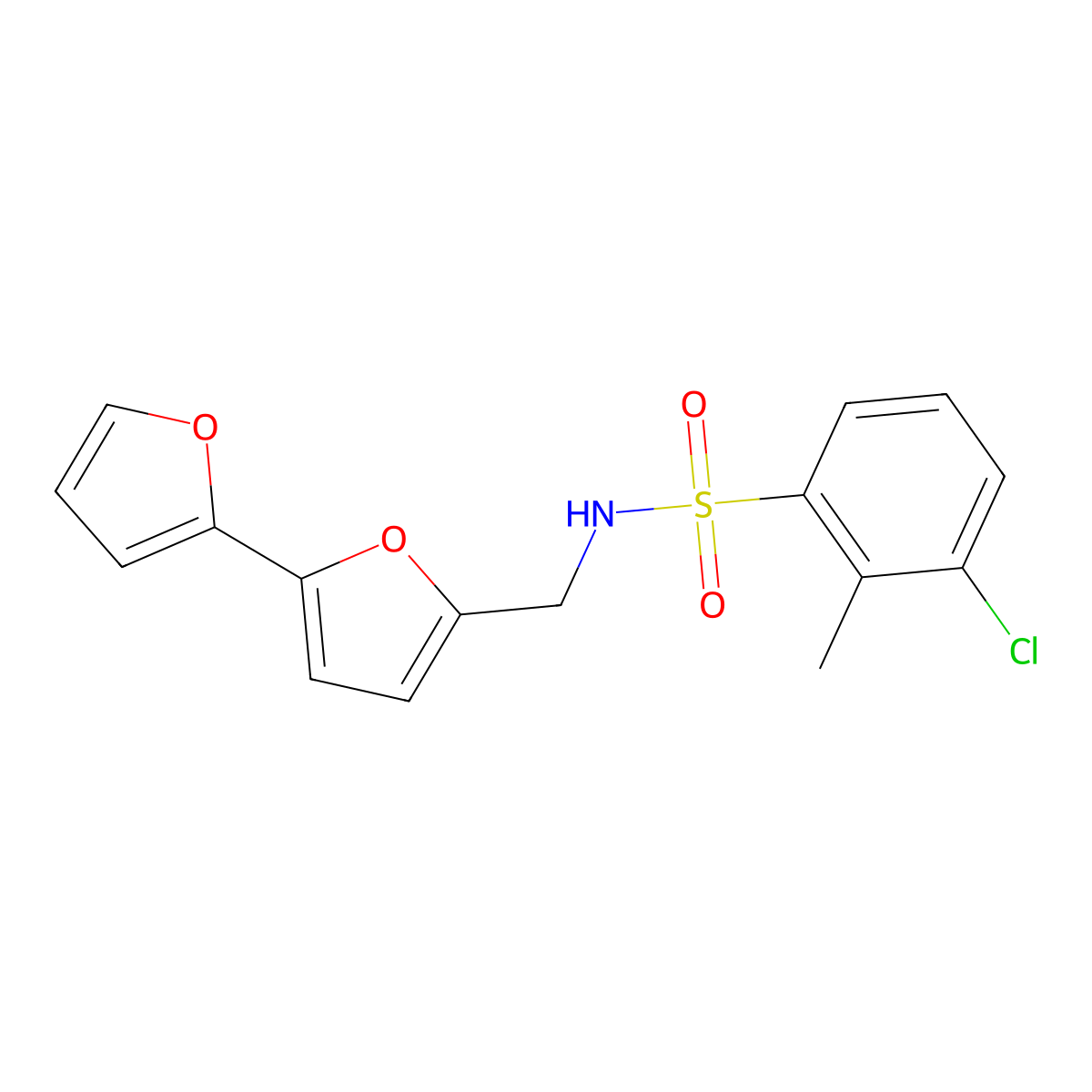 N-([2,2'-bifuran]-5-ylmethyl)-3-chloro-2-methylbenzenesulfonamide molecular structure, CAS 2034490-96-3