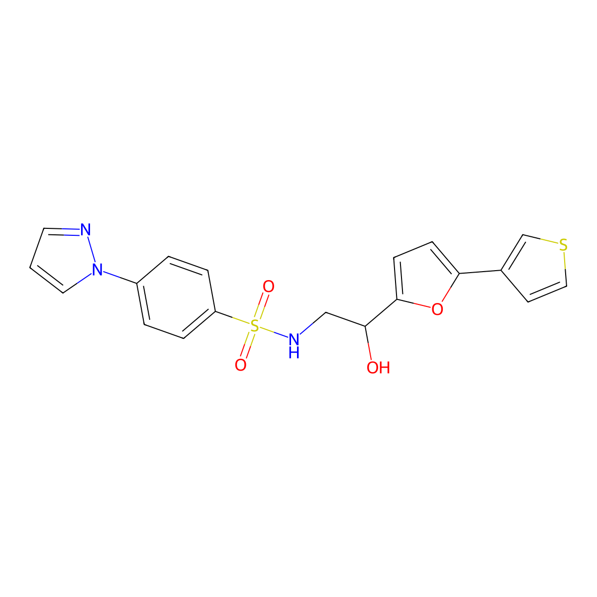 N-(2-hydroxy-2-(5-(thiophen-3-yl)furan-2-yl)ethyl)-4-(1H-pyrazol-1-yl)benzenesulfonamide molecular structure, CAS 2034491-26-2