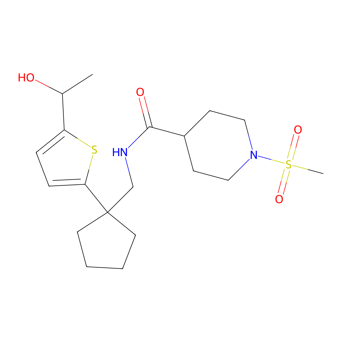 N-((1-(5-(1-hydroxyethyl)thiophen-2-yl)cyclopentyl)methyl)-1-(methylsulfonyl)piperidine-4-carboxamide molecular structure, CAS 2034491-67-1