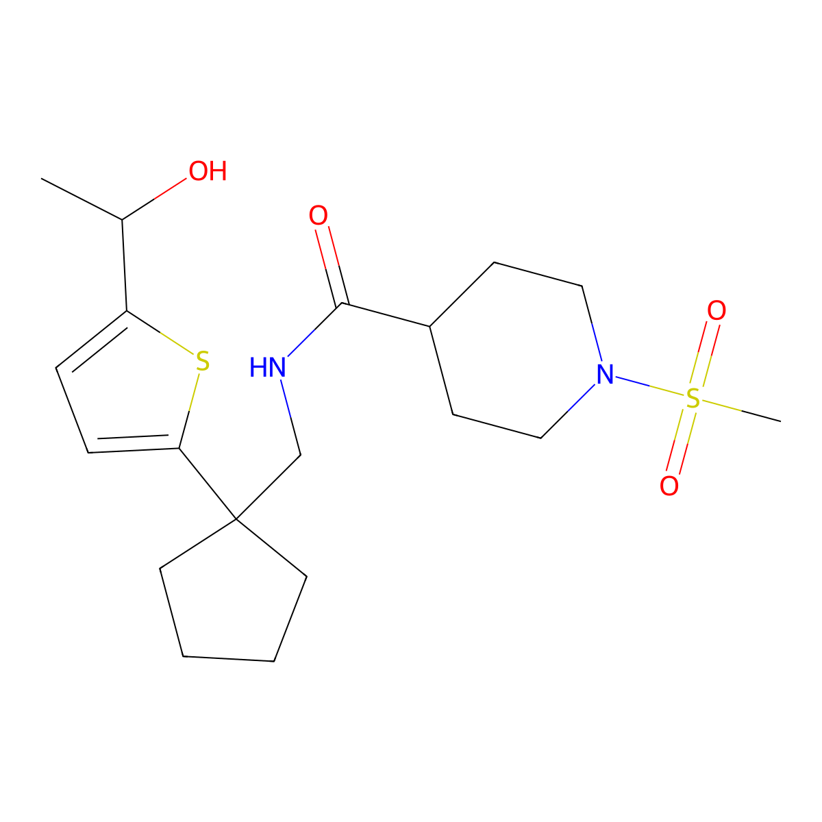 N-((1-(5-(1-hydroxyethyl)thiophen-2-yl)cyclopentyl)methyl)-1-(methylsulfonyl)piperidine-4-carboxamide molecular structure, CAS 2034491-67-1