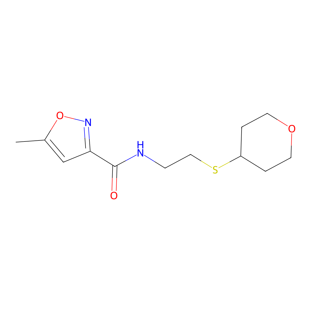 5-methyl-N-(2-((tetrahydro-2H-pyran-4-yl)thio)ethyl)isoxazole-3-carboxamide molecular structure, CAS 2034491-81-9
