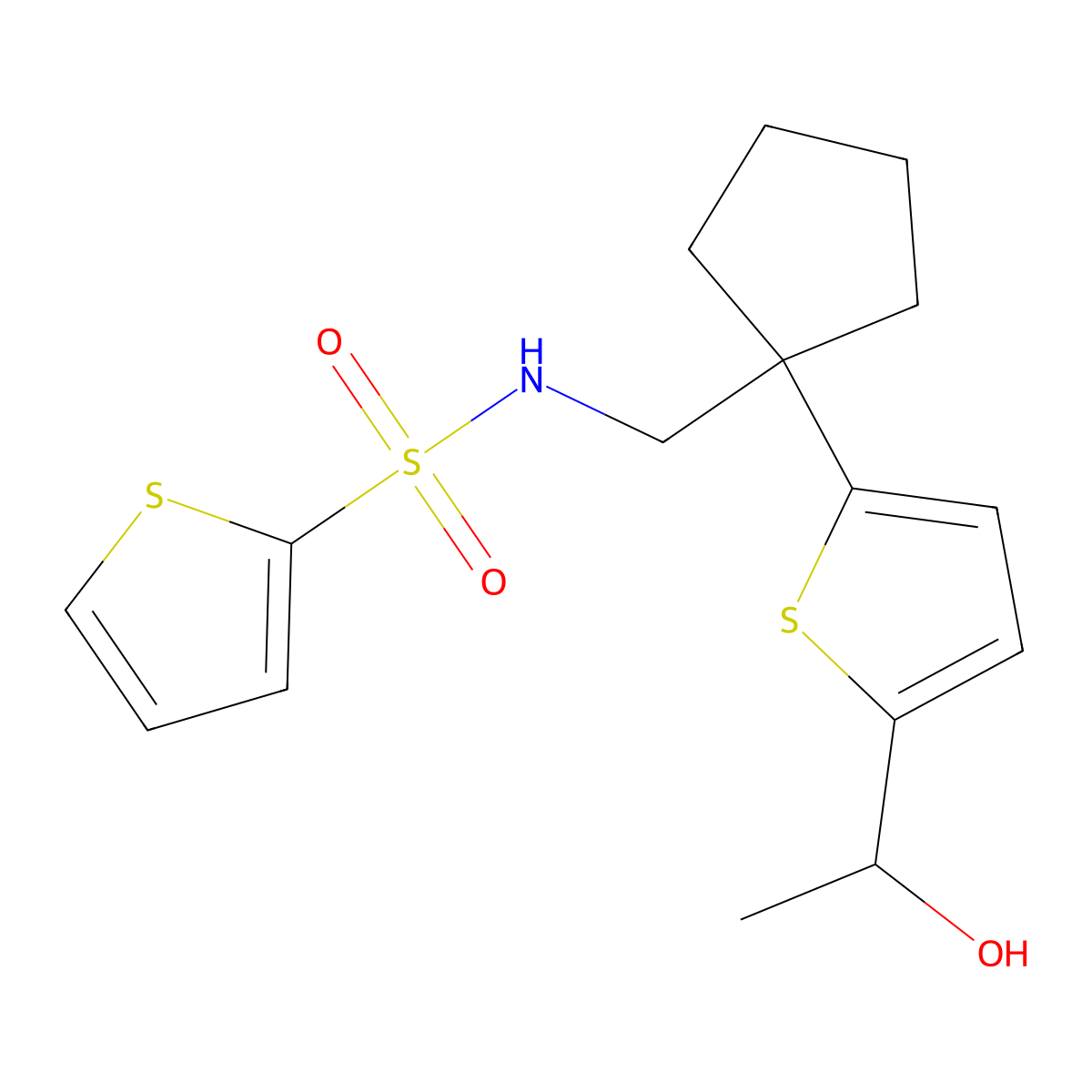 N-((1-(5-(1-hydroxyethyl)thiophen-2-yl)cyclopentyl)methyl)thiophene-2-sulfonamide molecular structure, CAS 2034491-82-0