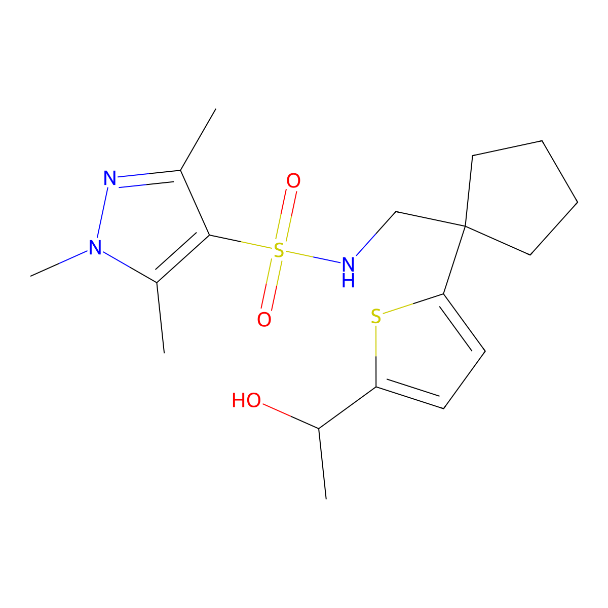 N-((1-(5-(1-hydroxyethyl)thiophen-2-yl)cyclopentyl)methyl)-1,3,5-trimethyl-1H-pyrazole-4-sulfonamide molecular structure, CAS 2034491-88-6