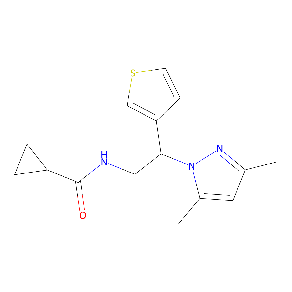 N-[2-(3,5-dimethyl-1H-pyrazol-1-yl)-2-(thiophen-3-yl)ethyl]cyclopropanecarboxamide molecular structure, CAS 2034491-89-7