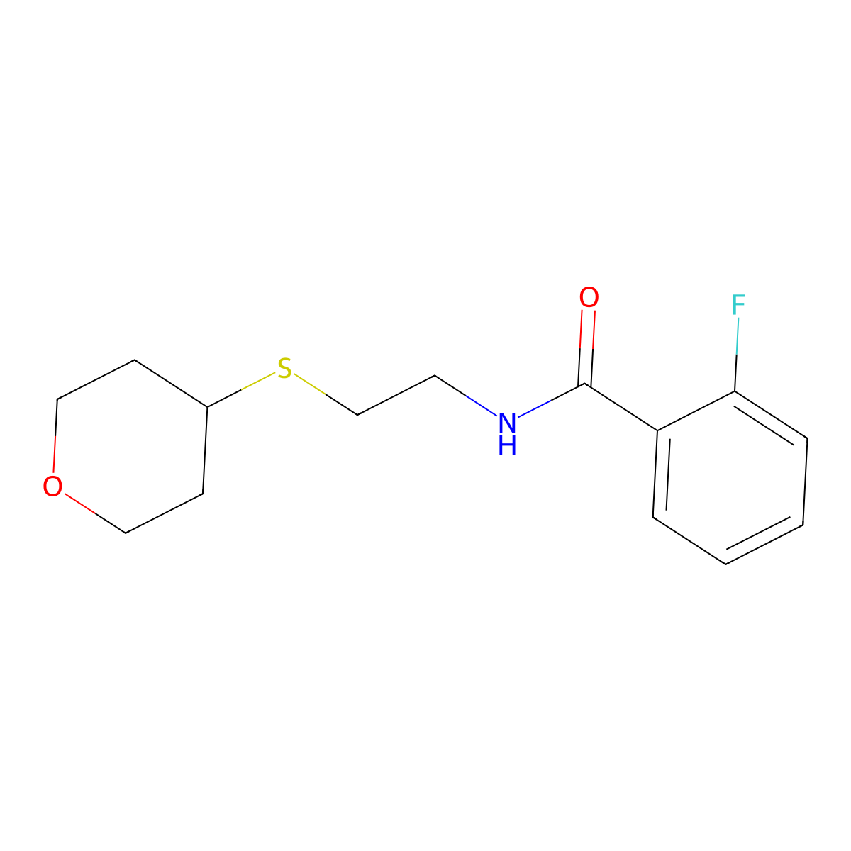 2-fluoro-N-(2-((tetrahydro-2H-pyran-4-yl)thio)ethyl)benzamide molecular structure, CAS 2034491-91-1