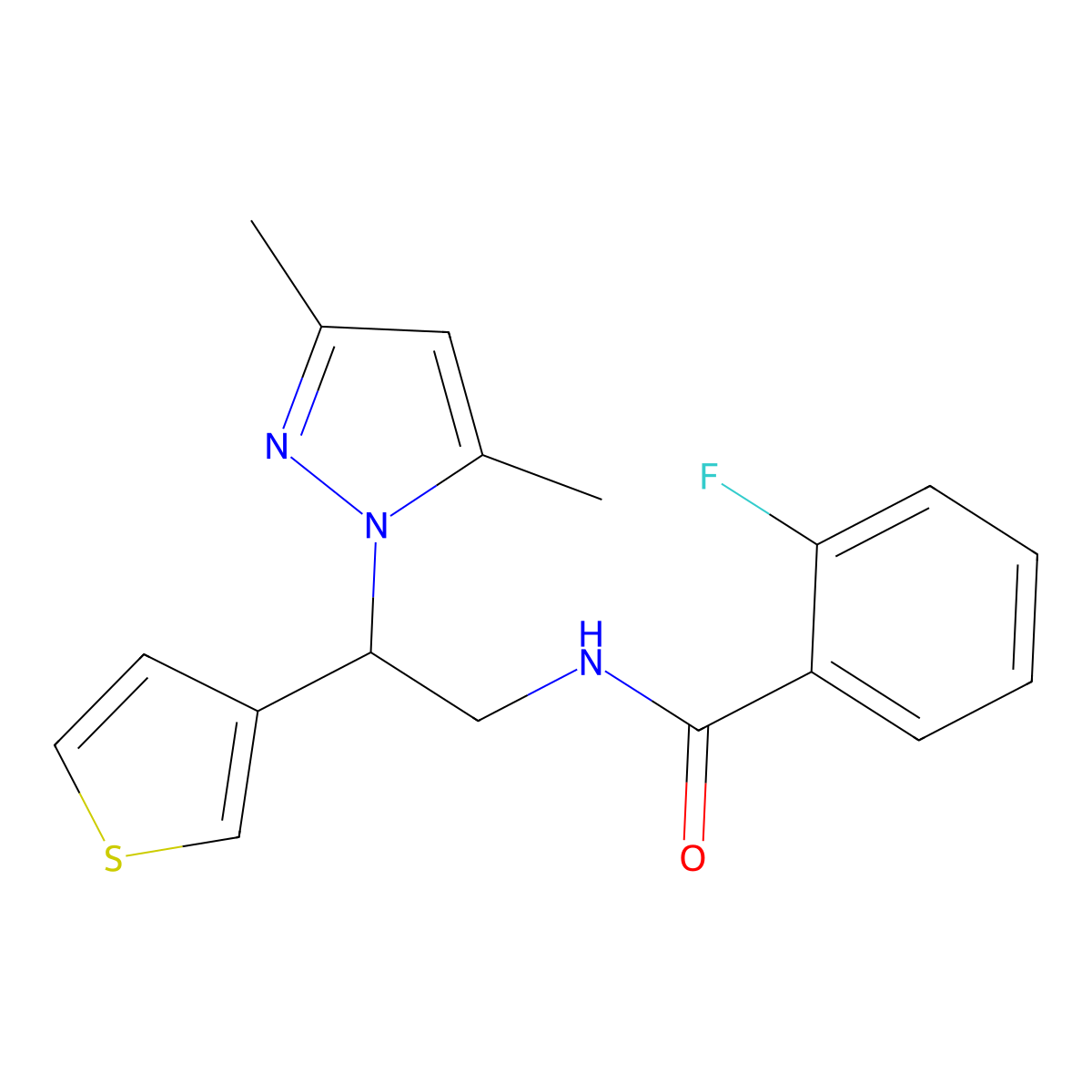 N-[2-(3,5-dimethyl-1H-pyrazol-1-yl)-2-(thiophen-3-yl)ethyl]-2-fluorobenzamide molecular structure, CAS 2034491-99-9