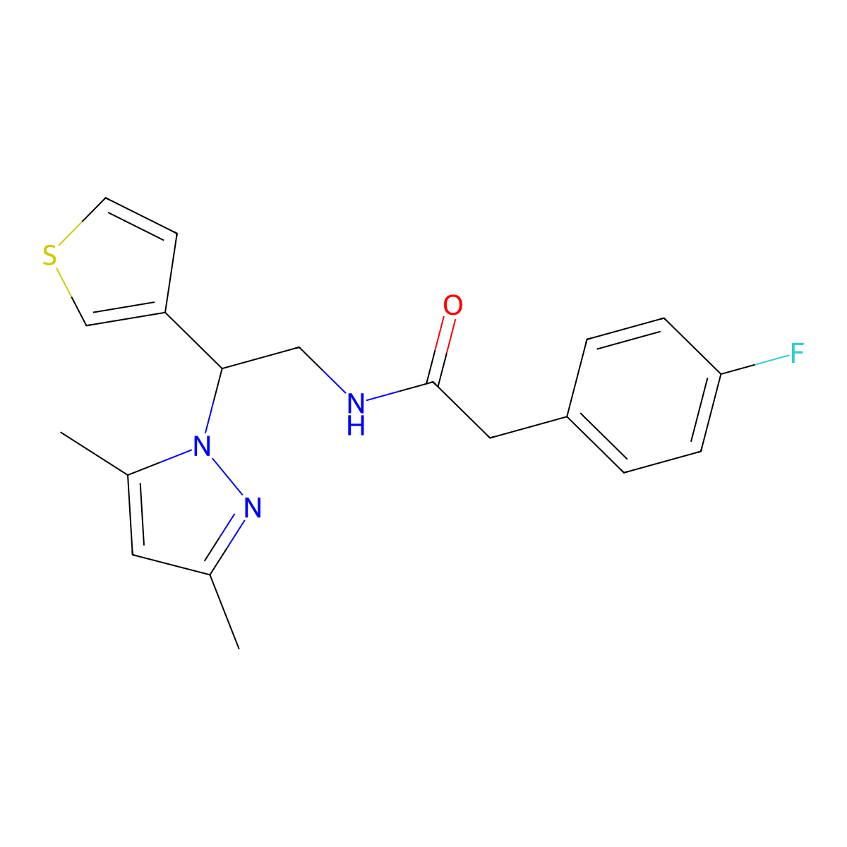 N-(2-(3,5-dimethyl-1H-pyrazol-1-yl)-2-(thiophen-3-yl)ethyl)-2-(4-fluorophenyl)acetamide molecular structure, CAS 2034492-04-9