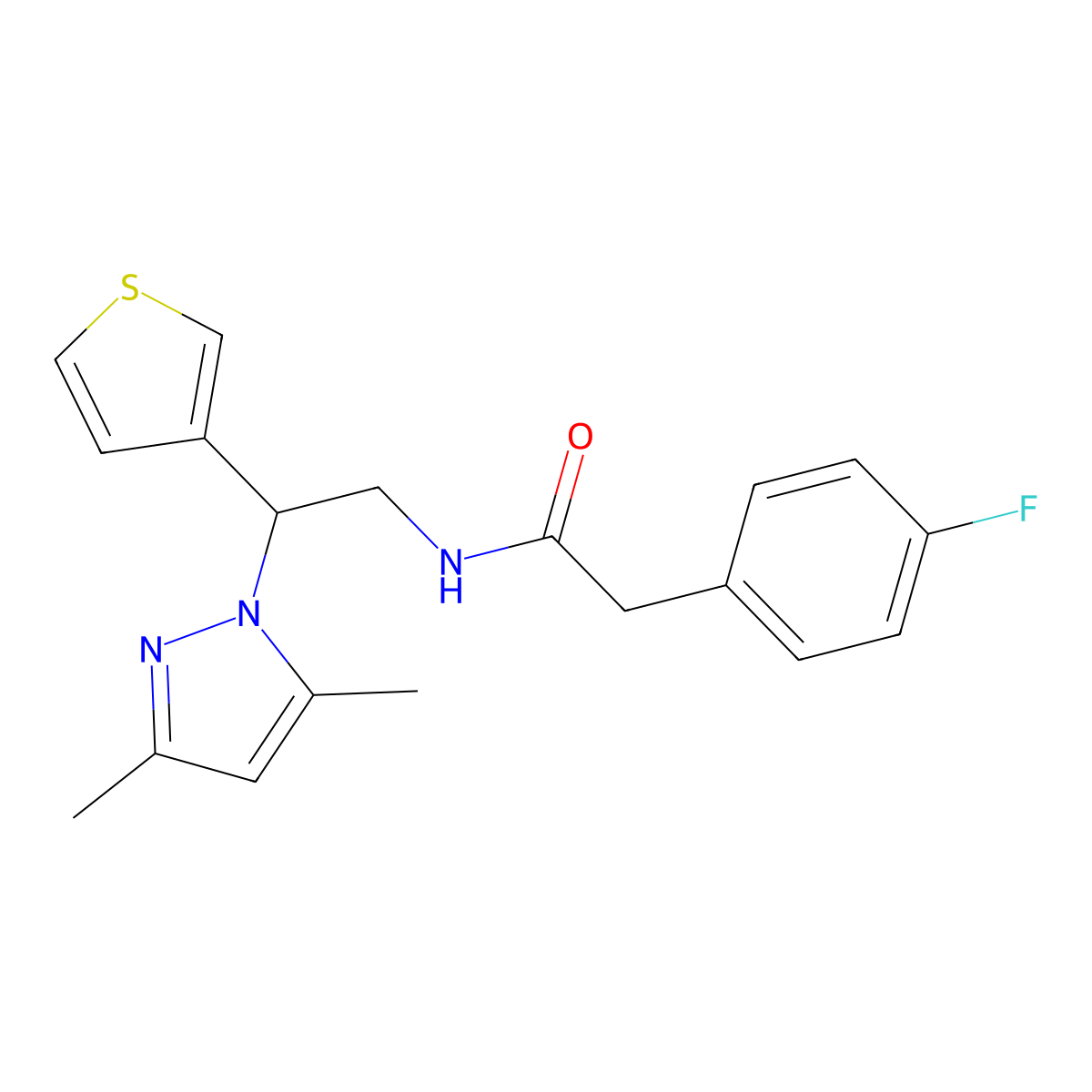 N-(2-(3,5-dimethyl-1H-pyrazol-1-yl)-2-(thiophen-3-yl)ethyl)-2-(4-fluorophenyl)acetamide molecular structure, CAS 2034492-04-9