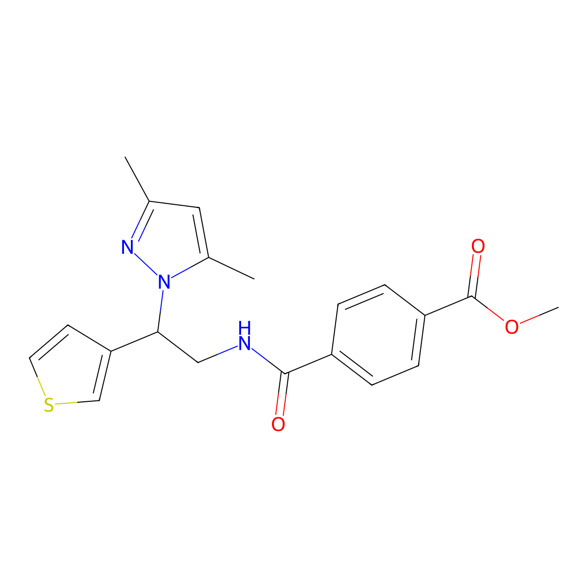 methyl 4-{[2-(3,5-dimethyl-1H-pyrazol-1-yl)-2-(thiophen-3-yl)ethyl]carbamoyl}benzoate molecular structure, CAS 2034492-12-9