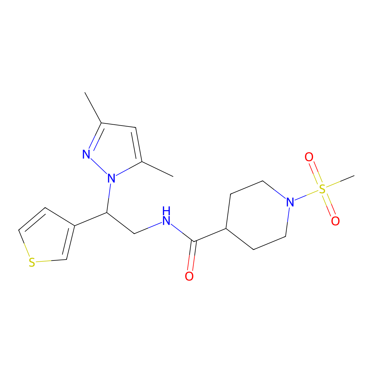 N-(2-(3,5-dimethyl-1H-pyrazol-1-yl)-2-(thiophen-3-yl)ethyl)-1-(methylsulfonyl)piperidine-4-carboxamide molecular structure, CAS 2034492-25-4